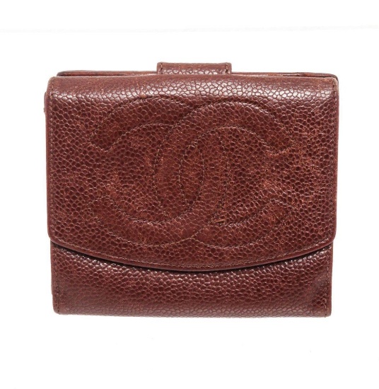 Chanel Brown Caviar Leather Compact Tab Wallet