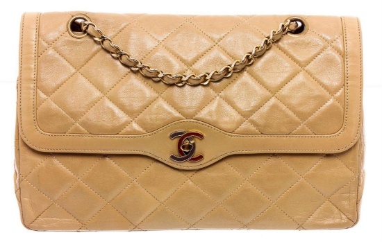 Chanel Vintage Beige Quilted Leather CC Double Flap Bag
