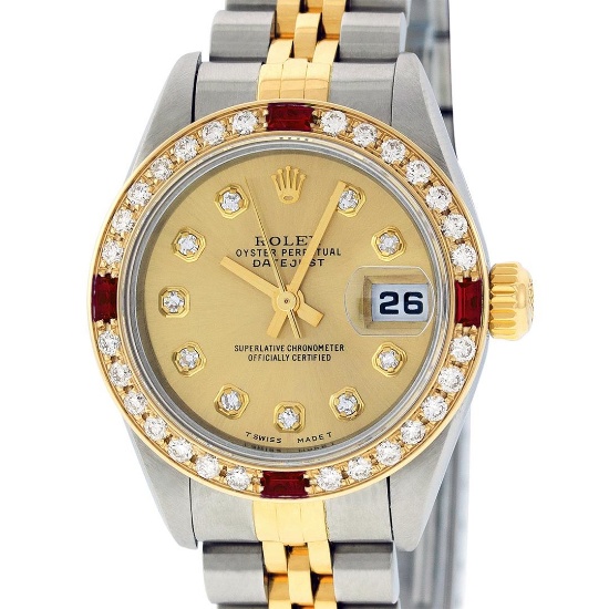 Rolex Ladies 2 Tone 18K YG/SS Quickset Champagne Diamond & Ruby Oyster Perpetual
