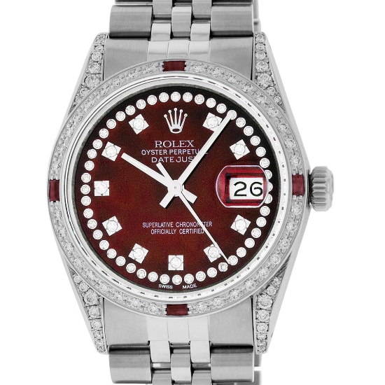 Rolex Mens Stainless Steel Red Diamond Lugs & Ruby 36MM Datejust Wristwatch