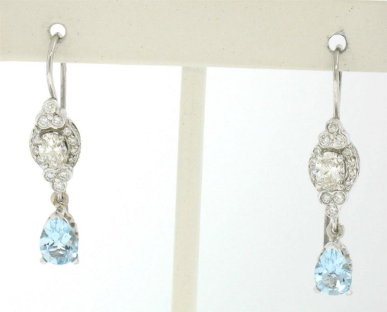 18K Solid White Gold Dangle Drop Earrings w/ an Oval Diamond & Pear Aquamarine