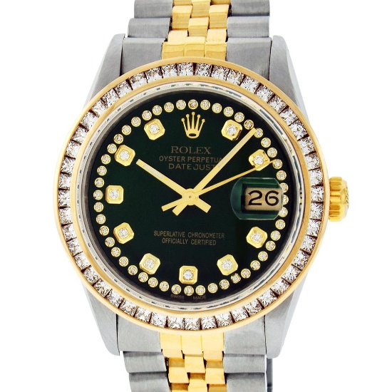 Rolex Mens 2 Tone Green String Princess Cut Diamond Datejust 26MM Wristwatch