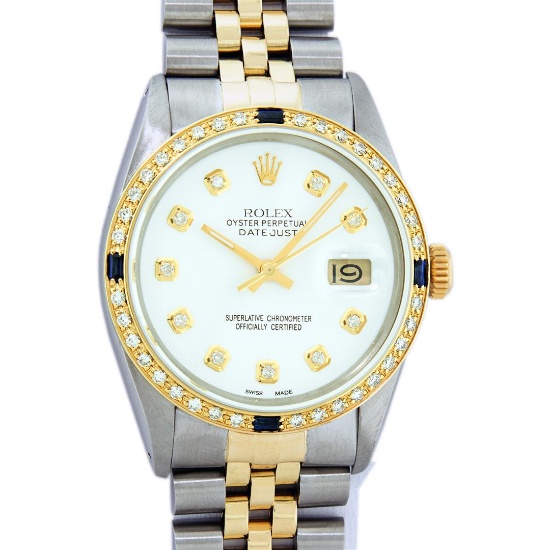 Rolex Mens 2 Tone White Diamond & Sapphire Datejust Wristwatch