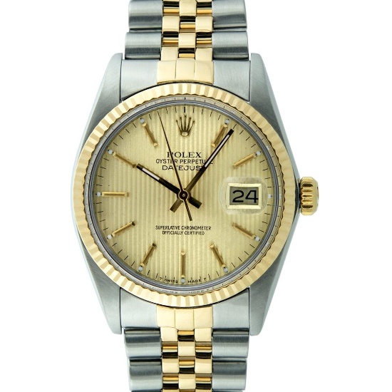 Rolex Mens 2T Champagne Tapestry Index 36MM Oyster Perpetual Datejust