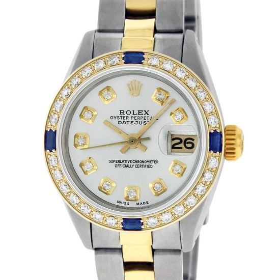 Rolex Ladies 2 Tone 18K Gold Bezel Silver Diamond & Sapphire Datejust Wriswatch
