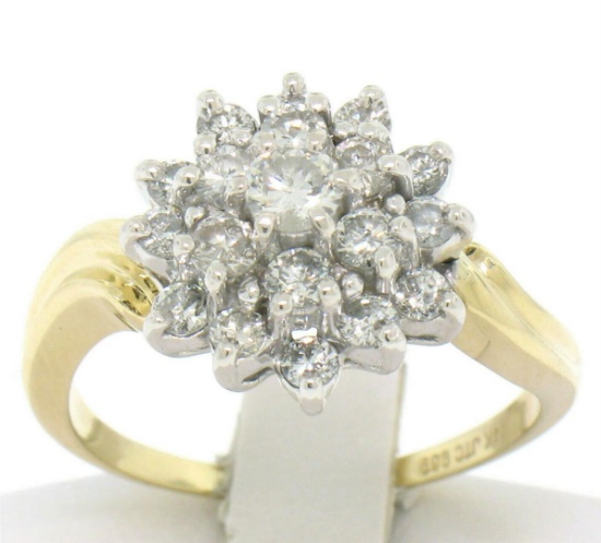 14k Solid Two Tone Gold Wavy Shank Round 1.10 ctw FIERY Diamond Cluster Ring