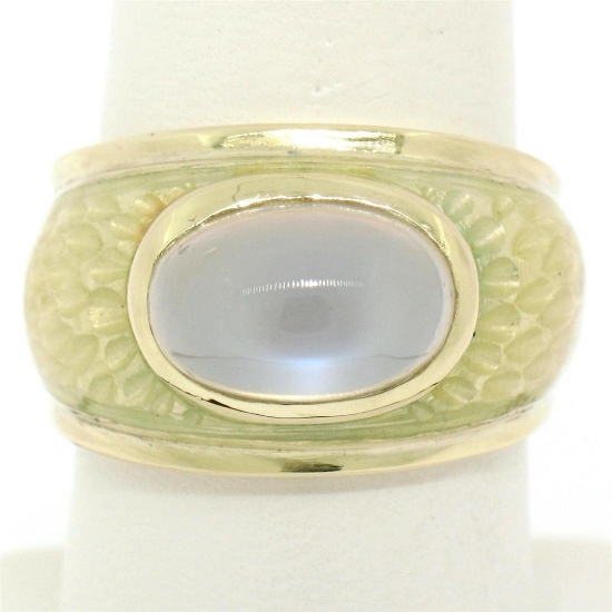 14K Yellow Gold Fine Cabochon Blue Moonstone & Enamel Textured Ring Unique