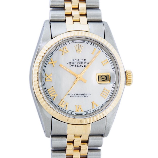 Rolex Mens 2 Tone Mother Of Pearl Roman Datejust Wristwatch