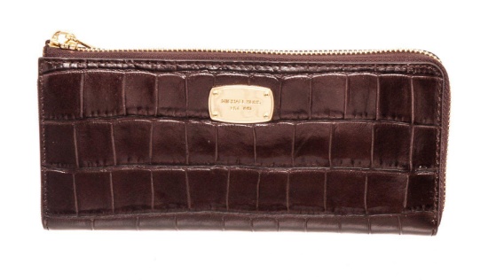 Michael Kors Brown Crocodile Embossed Leather Zippy Wallet