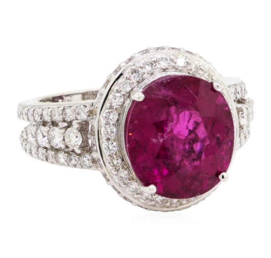 7.49 ctw Oval Mixed Rubellite And Round Brilliant Cut Diamond Ring - 18KT White