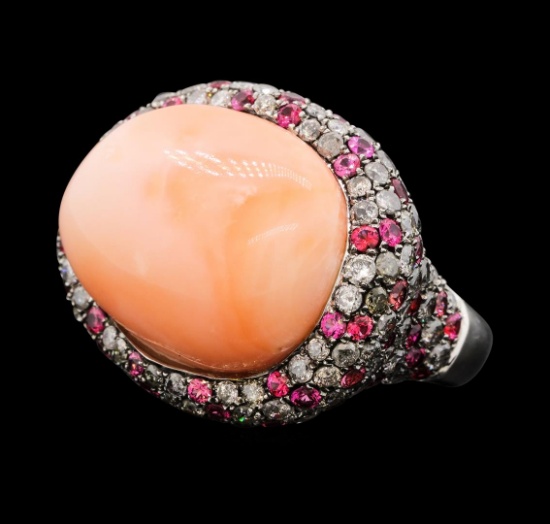 32.75 ctw Coral Ring - 18KT White & Black Rhodium Plated Gold