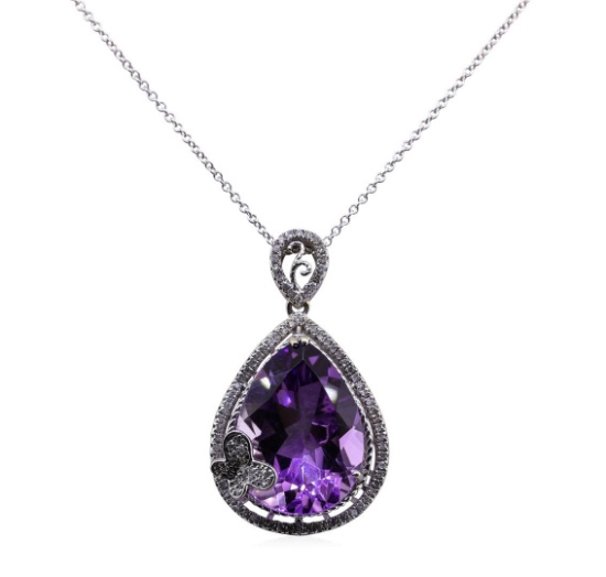 14.72 ctw Amethyst and Diamon Pendant With Chain - 14KT White Gold