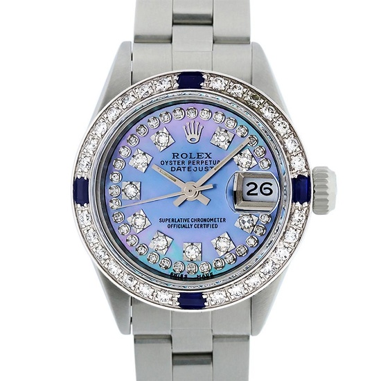 Rolex Ladies SS Blue MOP Diamond & Sapphire 18K Gold Bezel Watch 26MM