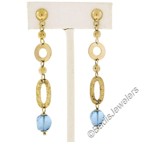 14kt Yellow Gold Briolette Cut Blue Topaz Bead Long Textured Dangle Earrings