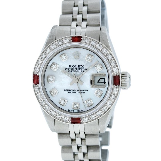 Rolex Ladies Stainless Steel MOP Diamond & Ruby 26MM Datejust Wristwatch