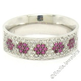 14k White Gold 0.85 ctw Pave Diamond Ruby 6.30mm Flower Cluster Band Ring