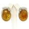 Vintage 18k White Gold Large Oval Amber Diamond Omega Earrings w/ Flower Etching