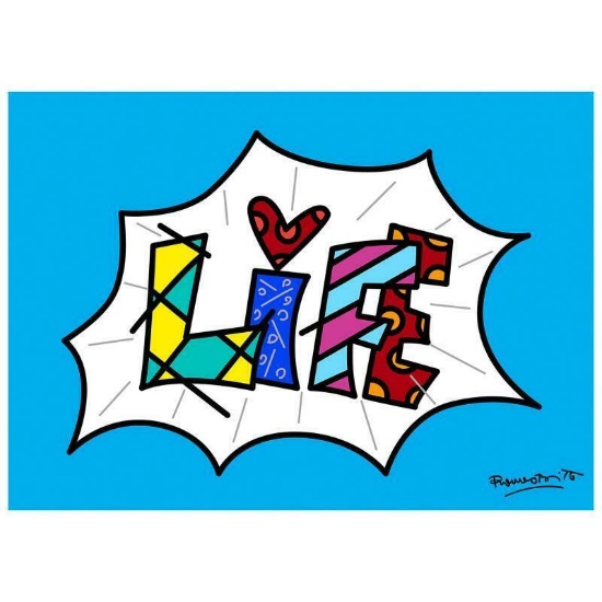 Romero Britto "Life Blue Mini Word" Hand Signed Giclee on Canvas; Authenticated