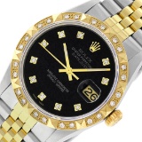 Rolex Mens 2 Tone Black Diamond Pyramid Bezel 36MM Datejust Wristwatch