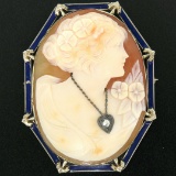 Vintage 14kt White Gold and Blue Enamel Carved Shell Cameo Brooch or Pendant