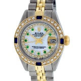 Rolex Ladies 2 Tone MOP Emerald String & Sapphire Diamond Datejust Wriswatch