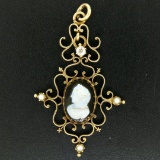 Antique Victorian 14kt Yellow Gold Cameo and Diamond Open Work Locket Pendant