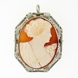 Antique Art Deco 14K White Gold Carved Shell Cameo Open Filigree Brooch Pendant