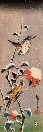 Hiroshige Sparrows and Camelias with Snow