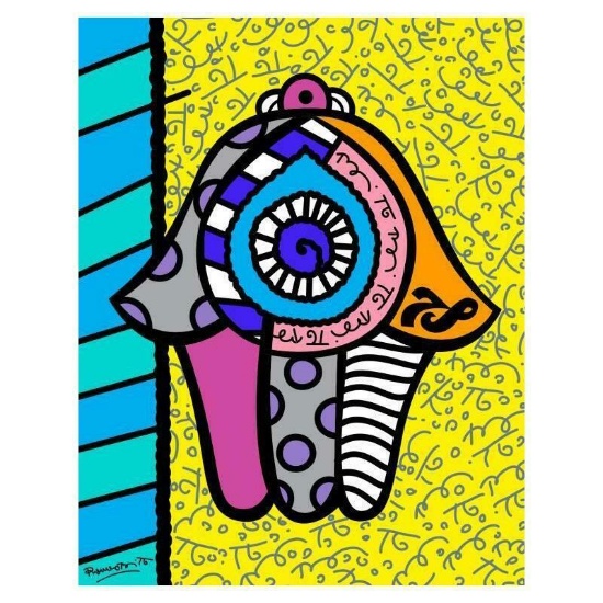 Romero Britto "Hamsa Yellow Down" Hand Signed Giclee on Canvas; Authenticated
