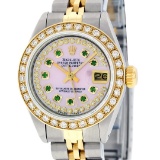 Rolex Ladies 2 Tone Pink MOP Emerald String Diamond Datejust Wristwatch