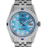 Rolex Mens Stainless Steel Blue String Diamond & Sapphire Datejust Wristwatch
