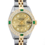 Rolex Ladies 2 Tone 18K Quickset Champagne Diamond & Emerald Datejust Wristwatch