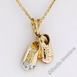 14kt Yellow White and Rose Gold Dual Baby Shoe Pendant Necklace w/ 5 Round Diamo