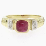 14k Yellow Gold 1.21 ctw Cabochon Ruby Solitaire Ring w/ 4 Diamond Accents