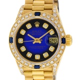 Rolex Ladies 18K Yellow Gold Blue Vignette Diamond And Sapphire President Wristw