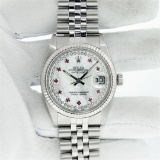 Rolex Mens Stainless Steel Mother Of Pearl Diamond & Ruby Datejust Wristwatch Wi
