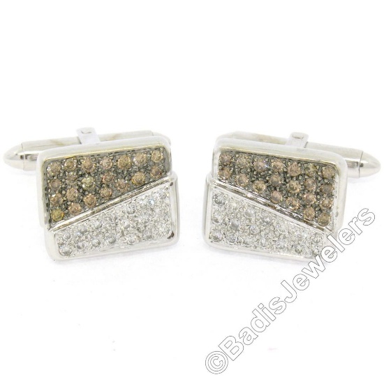 18kt White Gold 1.45 ctw Pave Set Round White & Champagne Diamond Rectangular Cu