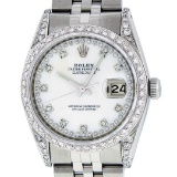 Rolex Mens Stainless Steel Mother Of Pearl Diamond Lugs Datejust Wristwatch