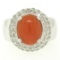 14kt White Gold Oval Cabochon Red Coral Ring w/ 2.10 ctw Diamond Halo