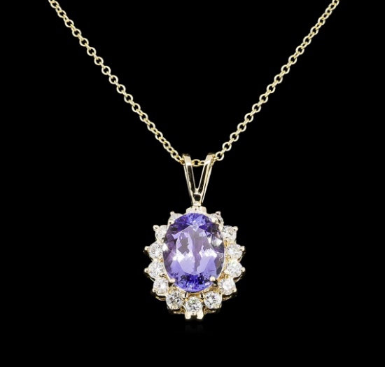 3.88 ctw Tanzanite and Diamond Pendant With Chain - 14KT Yellow Gold