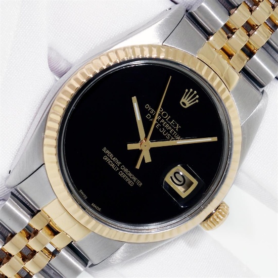 Rolex Datejust Mens 36 Black Onyx 18K/SS Oyster Perpetual Serviced Polished