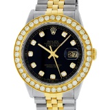 Rolex Mens 2 Tone 18K Black Diamond Oyster Perpetual Datejust Wristwatch 36MM