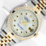 Rolex Mens 2 Tone Mother Of Pearl Diamond & Sapphire Datejust Wristwatch