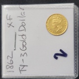 1862 $1 Gold Dollar Coin T-3 XF