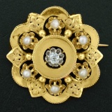 Antique Victorian 18K Yellow Gold Diamond Pearl Detailed Open Flower Brooch Pin