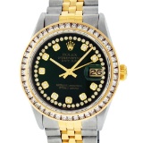 Rolex Mens 2 Tone Green String Princess Cut Diamond Datejust 26MM Wristwatch