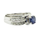 1.59 ctw Round Brilliant Blue Sapphire And Diamond Ring - 14KT White Gold