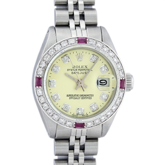 Rolex Ladies Stainless Steel Yellow Diamond & Ruby 26MM Datejust Wristwatch