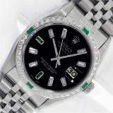 Rolex Mens Stainless Steel Black Baguette Emerald Diamond 36MM Datejust Wristwat