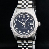 Rolex Mens Stainless Steel Black String Diamond 36MM Oyster Perpetual Datejust